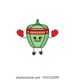 vector flat sketch green fresh ripe pepper character with eyes, hands and legs boxing in red gloves. Isolated illustration on white background. Healthy vegetarian eating, dieting and sport lifestyle
