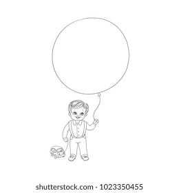 Vector flat sketch little boy child standing holding big air balloon car toy smiling. Happy male kid character celebration party invitation card coloring book design. Isolated monochrome illustration