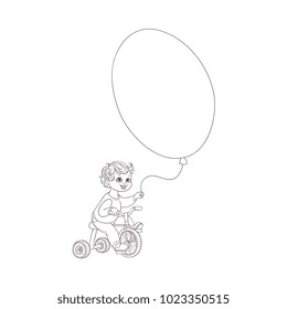 Vector flat sketch little boy child riding bicycle holding big air balloon smiling. Happy male kid character celebration party invitation card coloring book design. Isolated monochrome illustration