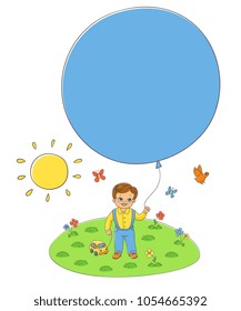 Vector flat sketch little boy child standing at grass flower meadow with butterfly holding air balloon. Happy male kid character celebration party invitation card illustration isolated background