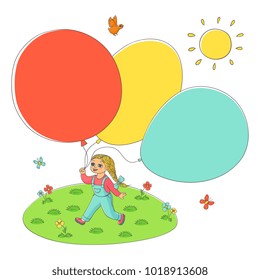 Vector flat sketch little girl child walking with air balloon in jeans on suspenders, summer meadow background. Happy female character celebration party invitation card design. Isolated illustration