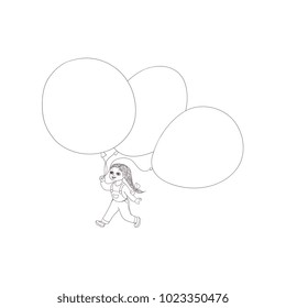 Vector flat sketch little girl child walking with big air balloon jeans on suspenders smiling. Happy female character celebration party invitation card, coloring book design. Isolated illustration
