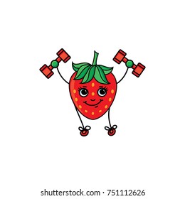 vector flat sketch red strawberry character with eyes, hands and legs making exercises with dumbbells. Isolated illustration on white background. Healthy vegetarian eating, dieting and sport lifestyle