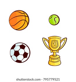 vector flat sketch sport equipment set. Basketball, football or soccer, tennis ball , golden winner cup, trophy award objects . Isolated illustration on a white background