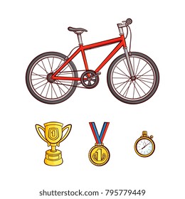 Vector flat sketch sport symbols icon set. Detailed bicycle, red mountain bike, first place gold medal, golden cup, trophy, stopwatch. Sport equipment object. Isolated illustration white background