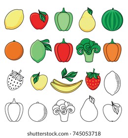 vector flat sketch style fresh ripe fruits, vegetables set. Apple, lime bellpepper apple, watermelon pear, orange strawberry banana, broccoli and monochrome versions. Isolated illustration