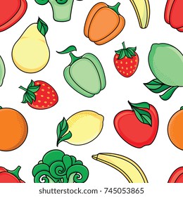 vector flat sketch style fresh ripe fruits, vegetables seamless pattern. Apple, lime bellpepper apple, watermelon pear, orange strawberry banana, broccoli. Isolated illustration on a white background.