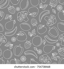 vector flat sketch style fresh ripe fruits, vegetables monochrome seamless pattern. Apple, lime bellpepper apple, watermelon pear, orange strawberry banana, broccoli. Isolated illustration