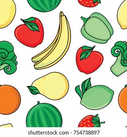 vector flat sketch style fresh ripe fruits, vegetables seamless pattern. Apple, lime bellpepper apple, watermelon pear, orange strawberry banana, broccoli. Isolated illustration on a white background.