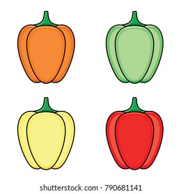 vector flat sketch style green, orange yellow and red fresh ripe bellpepper set. Isolated illustration on a white background. Healthy vegetarian eating, dieting and lifestyle design object.