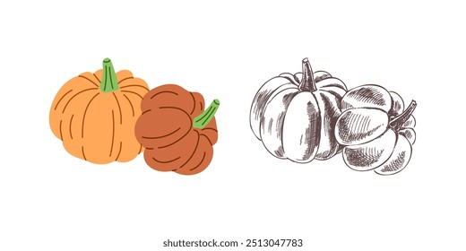 Vector flat and sketch  style Halloween Illustration. Hand-drawn  pumpkins sketch isolated on white background. Element for labels, packaging and cards design.