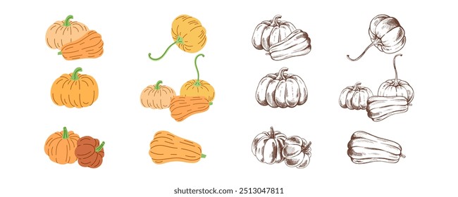 Vector flat and sketch style Halloween Illustration. Hand-drawn scary pumpkins sketch set. Element for labels, packaging and cards design.	