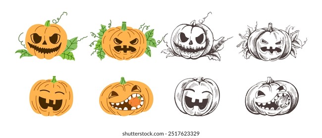 Vector flat and sketch style Halloween Illustration. Hand-drawn scary pumpkin sketch set. Element for labels, packaging and cards design.	