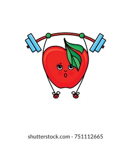 vector flat sketch style red fresh ripe apple character with eyes, hands and legs lifting barbell. Isolated illustration on white background. Healthy vegetarian eating, dieting and sport lifestyle