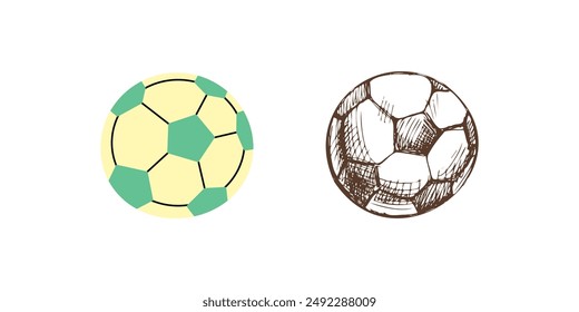 Vector plano y boceto estilo sport Ilustración. boceto de la pelota de fútbol. De vuelta a la escuela.