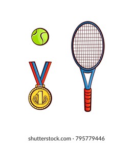 vector flat sketch tennis ball, racquet sport equipment, first place gold medal object for your graphic design or web design element. Isolated illustration on a white background