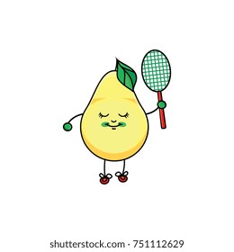 vector flat sketch yellow fresh ripe pear character with eyes, hands and legs playing badminton. Isolated illustration on a white background. Healthy vegetarian eating, dieting and sport lifestyle