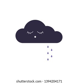 Vector flat sleep cloud character. Cute dark sleepy puffy cloud with zzz text closed eyes and raindrops isolated on white background.