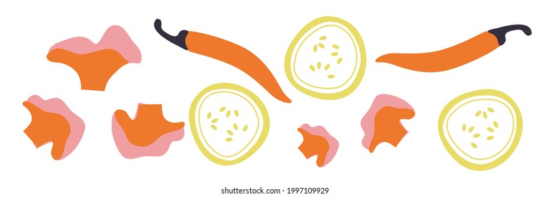 Vector flat sliced pepper, cucumber, mushrooms. Abstract vegetables set. Funny colored typography poster, advertising, packaging print design, restaurant menu decoration. Isolated. EPS 10