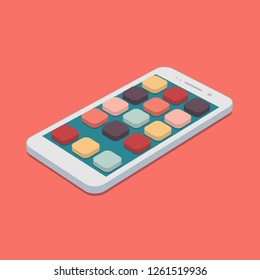 Vector flat smartphone with app icons set on coral color background. app development isometric design