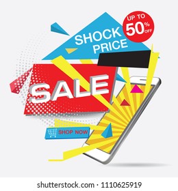 Vector flat smartphone isolated illustration. Cartoon style. Modern digital device mock up. Good for sale banner, special offer flayer, leaflet design, sale up to 50% off.