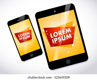 Vector flat smartphone and tablet isolated illustration. Cartoon style. Modern digital device mock up. Good for sale banner, special offer flayer, leaflet design.