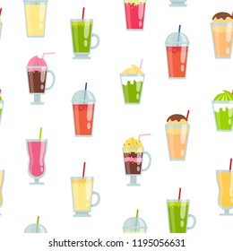 Vector flat smoothie elements pattern or background illustration. Colored drink set