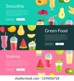 Vector flat smoothie elements web banner templates illustration. Set of horizontal poster