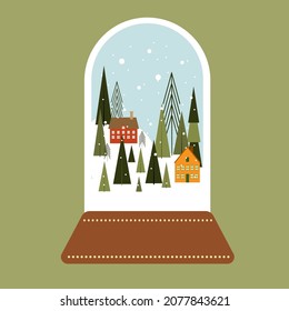 Vector flat snow globe illustration in warm green and red colors with little houses in the forest.