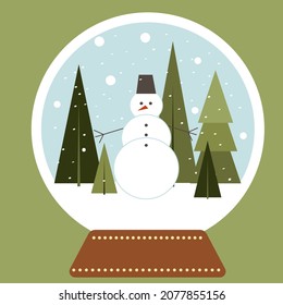 Vector flat snow globe illustration in warm green colors with little snowman in the forest.