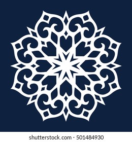 Vector flat snowflake. White silhouette of snowflake on a dark background.