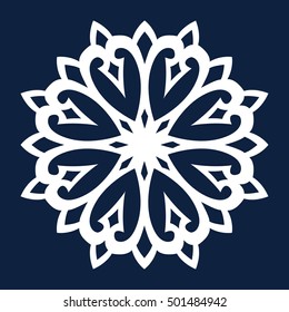 Vector flat snowflake. White silhouette of snowflake on a dark background.