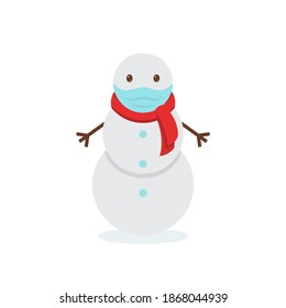 Vector flat snowman standing in protective face mask. Character illustration isolated on white background.