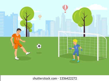 Vector Flat Son Stands Gate and Ready Catch Soccer Ball with Hands. Father in Orange Tshirt Plays Game Baby. Good Weather in Park Weekend Background Big City in Sky Flying Red Balloons.