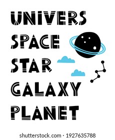 Vector flat space alphabet for kids. Alphabet poster for kids in space style. Vector font in the style of a spaceship. Astronomical alphabet on white isolated background. ABC space theme poster