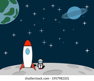 Vector flat space design background with text. Cute template with Astronaut, Spaceship, Rocket, Moon, Black Hole, Stars in Outer space