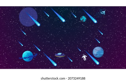 Vector flat space design background . Cute template with Astronaut, Spaceship, blue planet, meteor, comet
