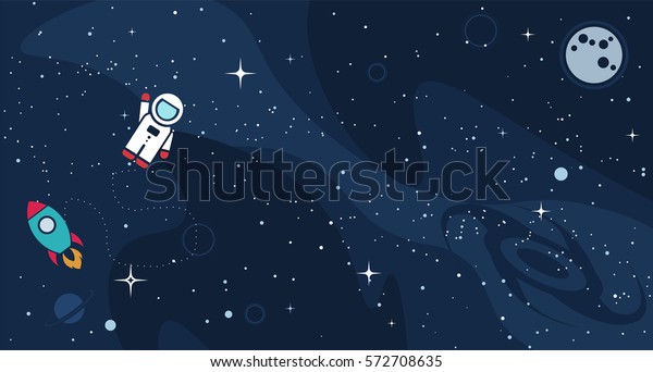 Vector flat space design background with text. Cute\
template with Astronaut, Spaceship, Rocket, Moon, Black Hole, Stars\
in Outer space