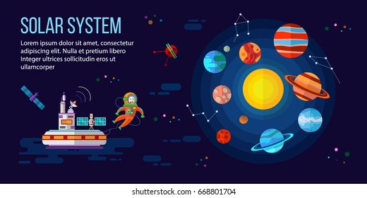 Vector flat space elements with astronaut, planets, space station and satellites.