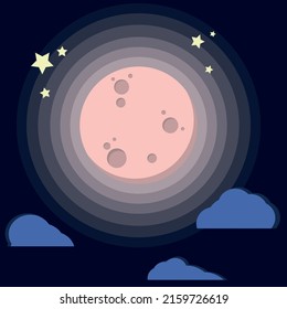 Vector flat space elements with moon, stars, clouds.moon and stars in midnight. Flat style. rose moon with moonlight on blue background