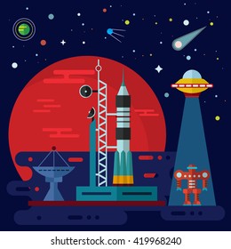 Vector flat space elements with rocket launch, space station, planets, ufo and robot