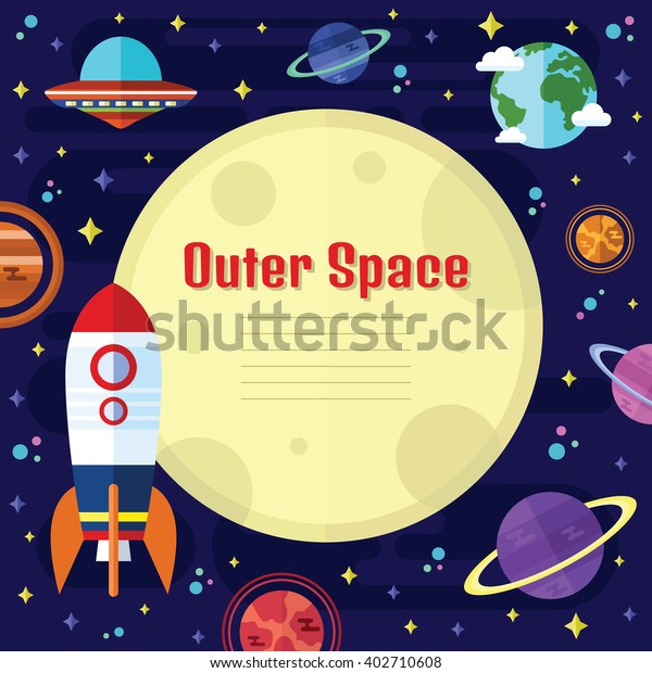 Vector Flat Space Elements with Rocket, Planets\
and Stars in a Flat\
Design