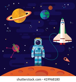Vector Flat Space Elements With Spaceship And Planets.
