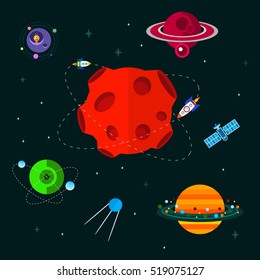 Vector Flat Space Elements With Spaceship, Rocket, Ufo And Planets.
