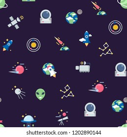 Vector flat space icons pattern or background illustration. Universe galaxy with star and rocket, seamless background