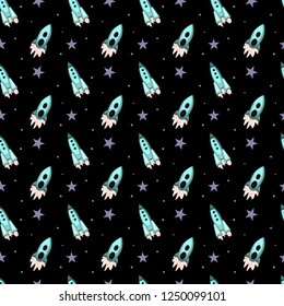 Vector flat space seamless pattern background. Cute color template with Rocket, Stars in Outer space