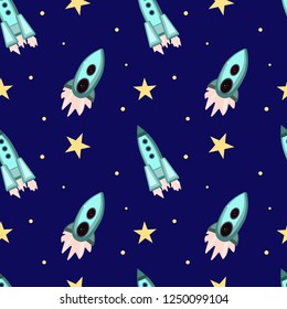 Vector flat space seamless pattern background. Cute color template with Rocket, Stars in Outer space