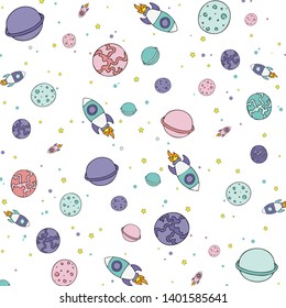 Vector flat space seamless pattern background. Cute color template, Spaceship, Rocket, Moon, Stars in Outer space