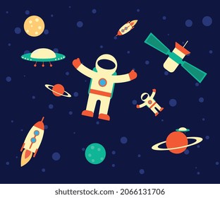 Vector flat space seamless pattern background. Cute color template with astronaut, spaceship, rocket, moon, black hole, stars in outer space