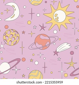 Vector flat space seamless pattern. Cute colorful template with sun, moon, planets and stars in outer space